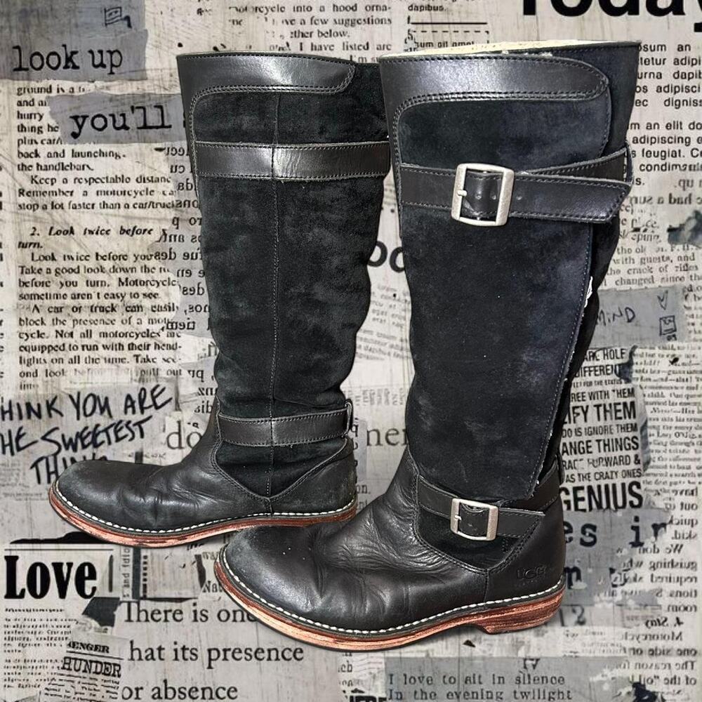 Uggs dunwich tall black riding boots with leather buckles Womens SZ 7